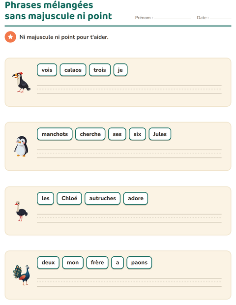 Aperçu de la fiche Phrases mélangées avec Oiseaux pour CP (cours préparatoire)