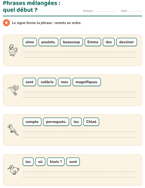Aperçu de la fiche Phrases mélangées avec Oiseaux N&B pour CP (cours préparatoire)