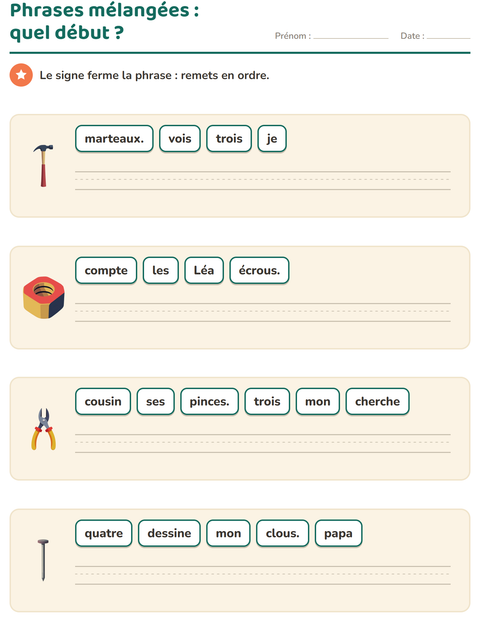 Aperçu de la fiche Phrases mélangées avec Outils pour CP (cours préparatoire)
