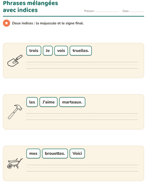 Aperçu de la fiche Phrases mélangées avec Outils NB pour CP (cours préparatoire)