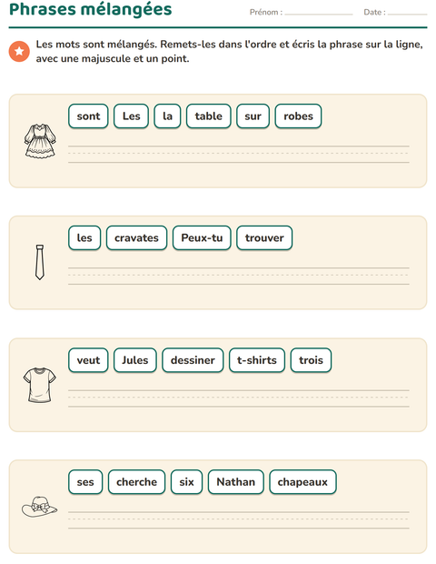 Aperçu de la fiche Phrases mélangées avec Vêtements NB pour CP (cours préparatoire)