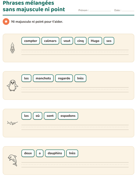 Aperçu de la fiche Phrases mélangées avec Vie marine NB pour CP (cours préparatoire)