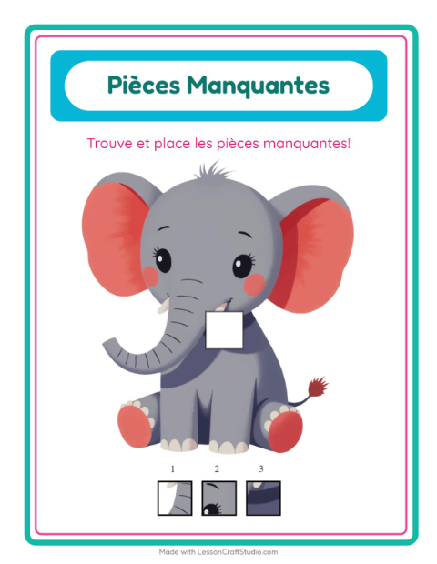 Aperçu de la fiche Pièces Manquantes avec Animaux pour École maternelle (grande section, 5-7 ans)