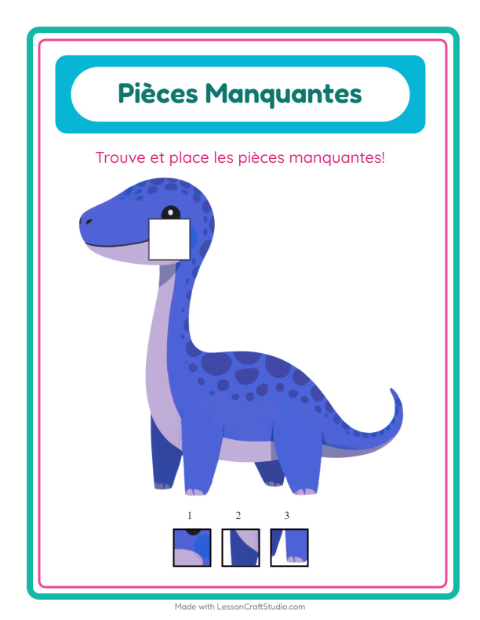 Aperçu de la fiche Pièces Manquantes avec Dinosaures pour École maternelle (grande section, 5-7 ans)