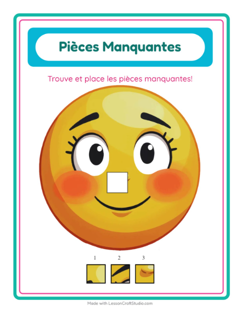 Aperçu de la fiche Pièces Manquantes avec Émotions pour École maternelle (grande section, 5-7 ans)
