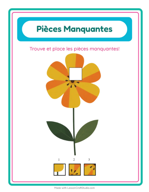 Aperçu de la fiche Pièces Manquantes avec Fleurs pour École maternelle (grande section, 5-7 ans)