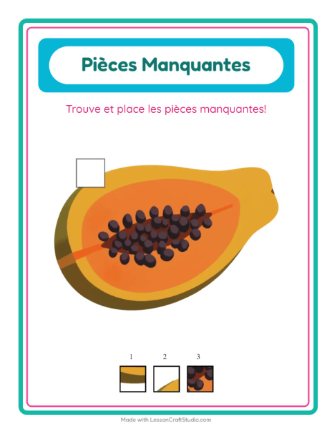 Aperçu de la fiche Pièces Manquantes avec Fruits pour École maternelle (grande section, 5-7 ans)