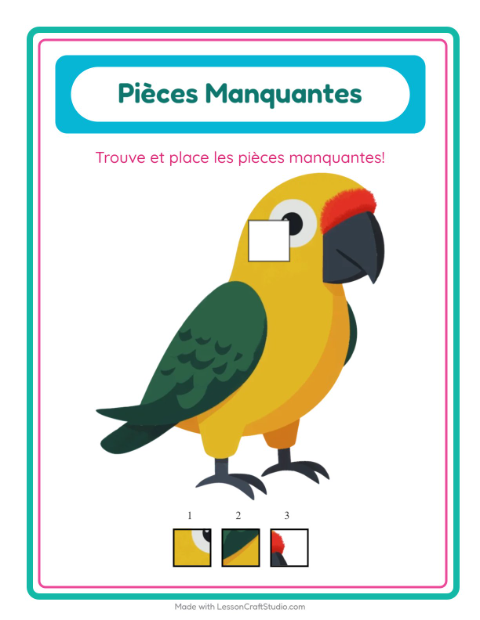 Aperçu de la fiche Pièces Manquantes avec Oiseaux 2 pour École maternelle (grande section, 5-7 ans)