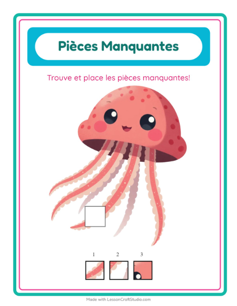 Aperçu de la fiche Pièces Manquantes avec Vie océanique pour École maternelle (grande section, 5-7 ans)