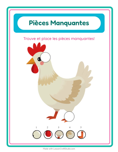 Aperçu de la fiche Pièces Manquantes avec Animaux de la ferme pour École maternelle (grande section, 5-7 ans)