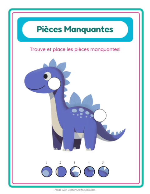 Aperçu de la fiche Pièces Manquantes avec Dinosaures pour École maternelle (grande section, 5-7 ans)