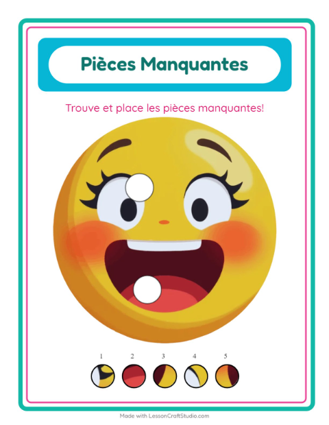 Aperçu de la fiche Pièces Manquantes avec Émotions pour École maternelle (grande section, 5-7 ans)