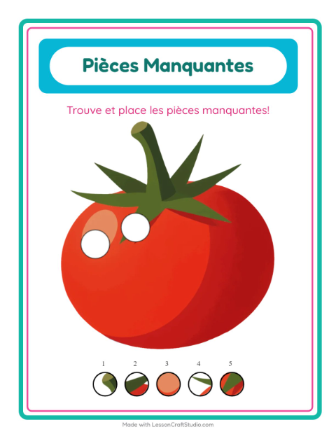 Aperçu de la fiche Pièces Manquantes avec Légumes pour École maternelle (grande section, 5-7 ans)