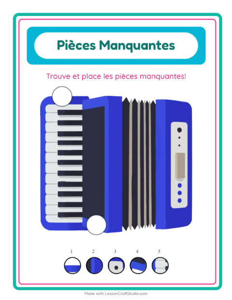 Aperçu de la fiche Pièces Manquantes avec Musique pour École maternelle (grande section, 5-7 ans)