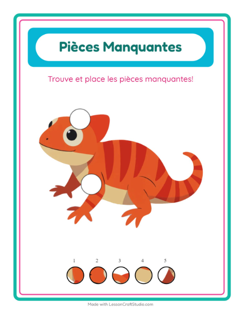 Aperçu de la fiche Pièces Manquantes avec Reptiles et amphibiens pour École maternelle (grande section, 5-7 ans)