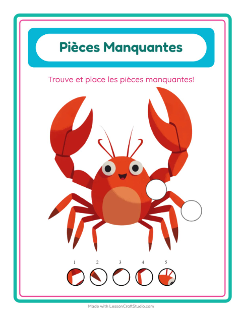 Aperçu de la fiche Pièces Manquantes avec Vie océanique pour École maternelle (grande section, 5-7 ans)