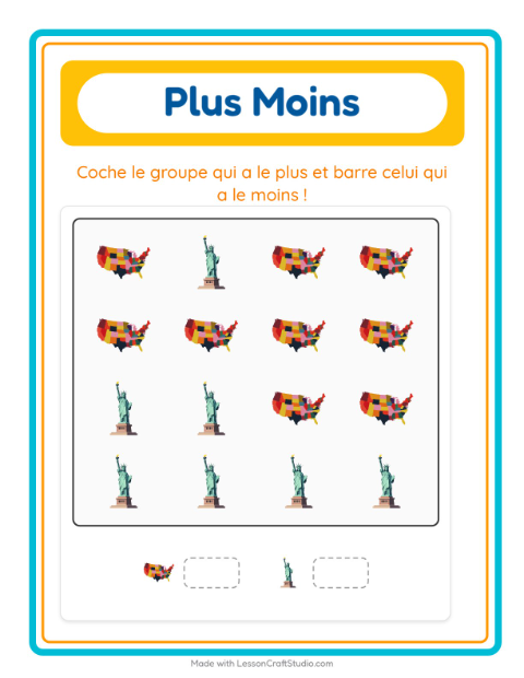 Aperçu de la fiche Plus Ou Moins avec 4 juillet pour École maternelle (petite/moyenne section, 3-5 ans)