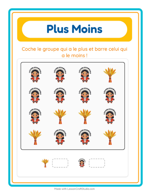 Aperçu de la fiche Plus Ou Moins avec Action de grâce pour École maternelle (petite/moyenne section, 3-5 ans)