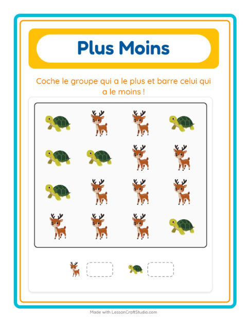 Aperçu de la fiche Plus Ou Moins avec Animaux pour École maternelle (petite/moyenne section, 3-5 ans)