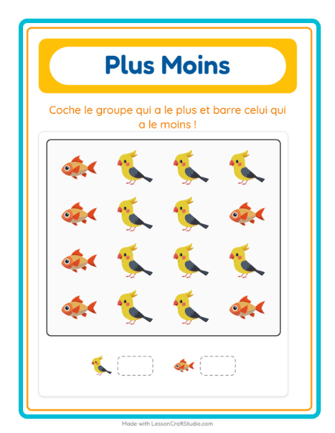 Aperçu de la fiche Plus Ou Moins avec Animaux de compagnie pour École maternelle (petite/moyenne section, 3-5 ans)