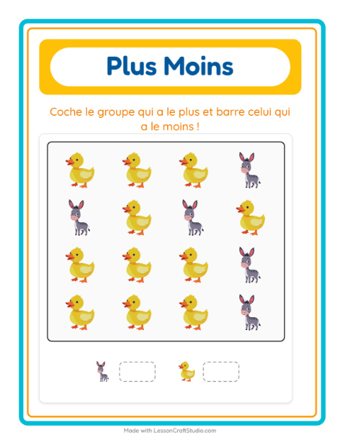 Aperçu de la fiche Plus Ou Moins avec Animaux de la ferme pour École maternelle (petite/moyenne section, 3-5 ans)