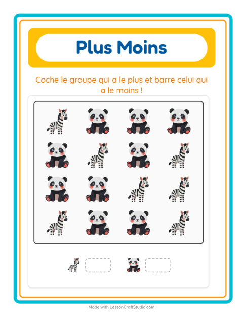 Aperçu de la fiche Plus Ou Moins avec Animaux du zoo pour École maternelle (petite/moyenne section, 3-5 ans)