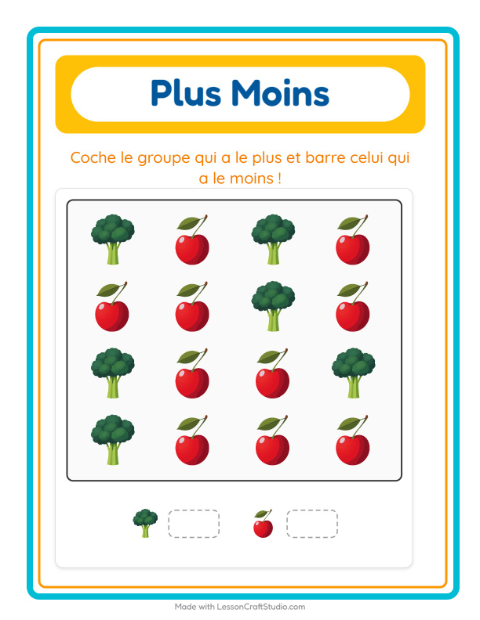 Aperçu de la fiche Plus Ou Moins avec Au supermarché pour École maternelle (petite/moyenne section, 3-5 ans)