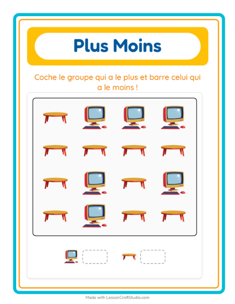 Aperçu de la fiche Plus Ou Moins avec Autour de la maison pour École maternelle (petite/moyenne section, 3-5 ans)