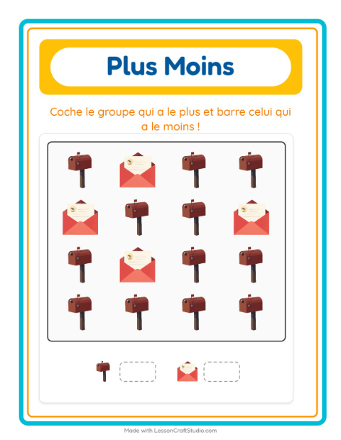 Aperçu de la fiche Plus Ou Moins avec Bureau de poste pour École maternelle (petite/moyenne section, 3-5 ans)