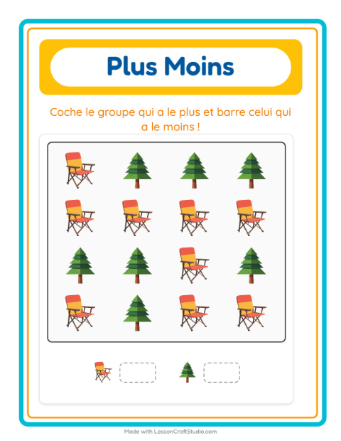Aperçu de la fiche Plus Ou Moins avec Camping pour École maternelle (petite/moyenne section, 3-5 ans)