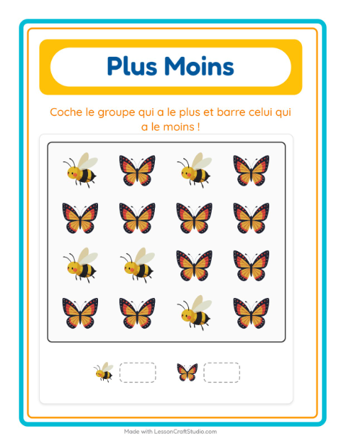 Aperçu de la fiche Plus Ou Moins avec Choses qui volent pour École maternelle (petite/moyenne section, 3-5 ans)