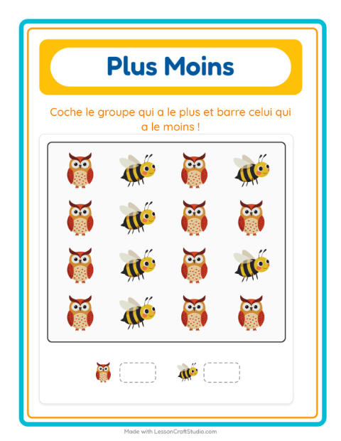 Aperçu de la fiche Plus Ou Moins avec Créatures de la forêt pour École maternelle (petite/moyenne section, 3-5 ans)