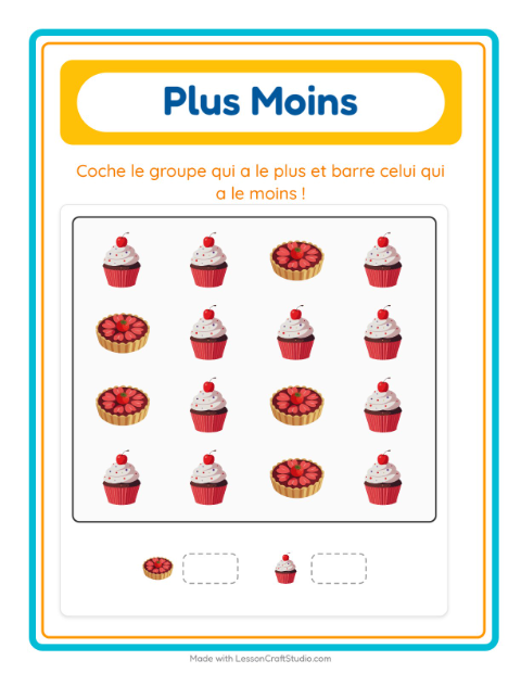 Aperçu de la fiche Plus Ou Moins avec Desserts et sucreries pour École maternelle (petite/moyenne section, 3-5 ans)