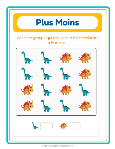Aperçu de la fiche Plus Ou Moins avec Dinosaures pour École maternelle (petite/moyenne section, 3-5 ans)