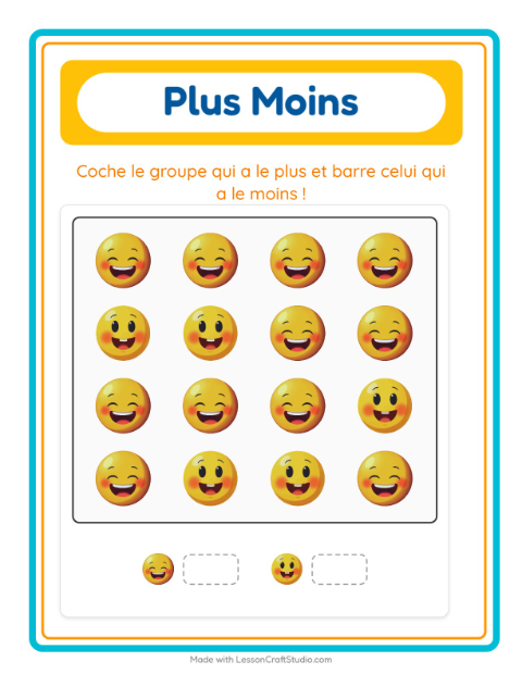 Aperçu de la fiche Plus Ou Moins avec Émotions pour École maternelle (petite/moyenne section, 3-5 ans)