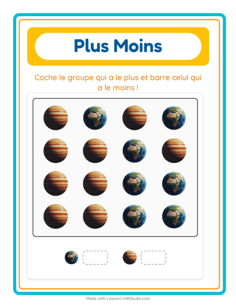 Aperçu de la fiche Plus Ou Moins avec Espace pour École maternelle (petite/moyenne section, 3-5 ans)