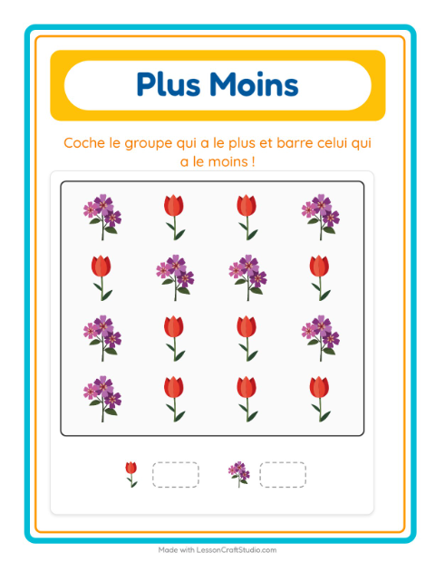 Aperçu de la fiche Plus Ou Moins avec Fleurs pour École maternelle (petite/moyenne section, 3-5 ans)