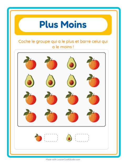 Aperçu de la fiche Plus Ou Moins avec Fruits pour École maternelle (petite/moyenne section, 3-5 ans)