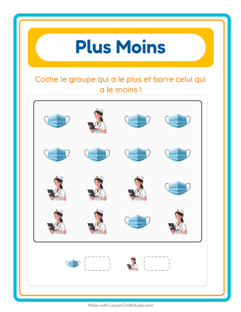 Aperçu de la fiche Plus Ou Moins avec Hôpital pour École maternelle (petite/moyenne section, 3-5 ans)