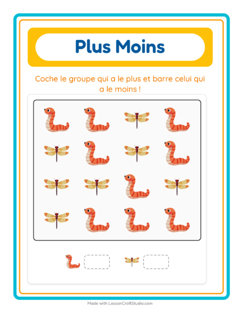 Aperçu de la fiche Plus Ou Moins avec Insectes et bestioles pour École maternelle (petite/moyenne section, 3-5 ans)