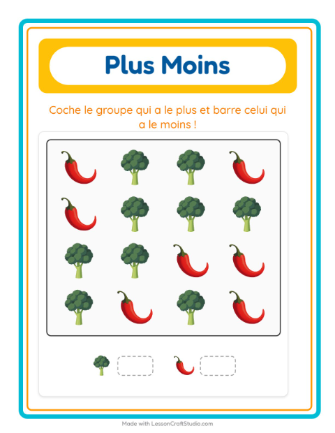 Aperçu de la fiche Plus Ou Moins avec Légumes pour École maternelle (petite/moyenne section, 3-5 ans)