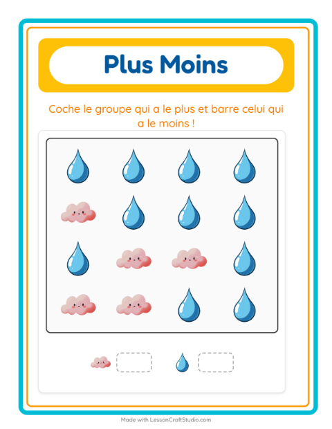 Aperçu de la fiche Plus Ou Moins avec Météo pour École maternelle (petite/moyenne section, 3-5 ans)