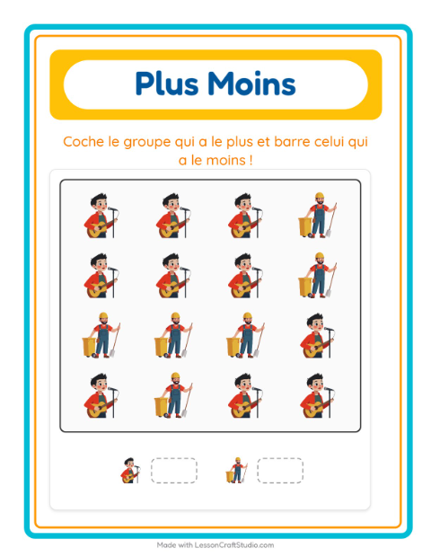 Aperçu de la fiche Plus Ou Moins avec Métiers pour École maternelle (petite/moyenne section, 3-5 ans)