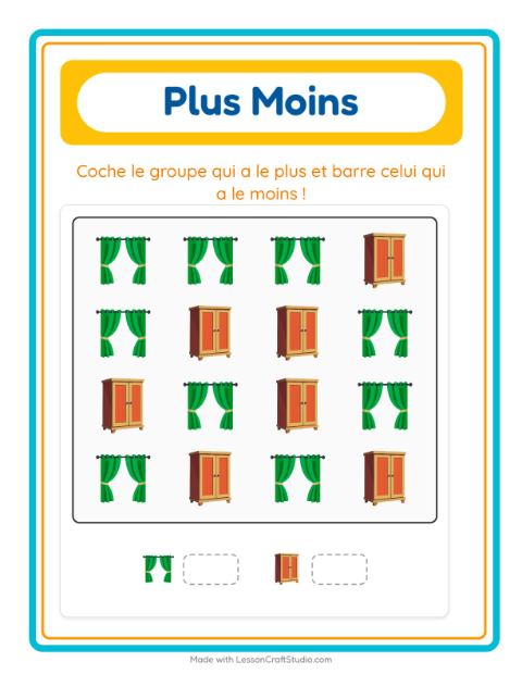 Aperçu de la fiche Plus Ou Moins avec Meubles pour École maternelle (petite/moyenne section, 3-5 ans)
