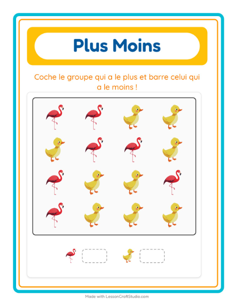 Aperçu de la fiche Plus Ou Moins avec Oiseaux 2 pour École maternelle (petite/moyenne section, 3-5 ans)