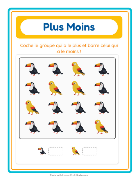 Aperçu de la fiche Plus Ou Moins avec Oiseaux pour École maternelle (petite/moyenne section, 3-5 ans)