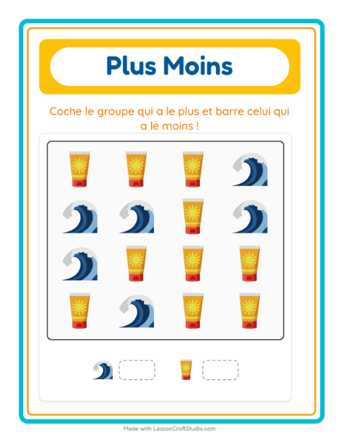 Aperçu de la fiche Plus Ou Moins avec Plage pour École maternelle (petite/moyenne section, 3-5 ans)