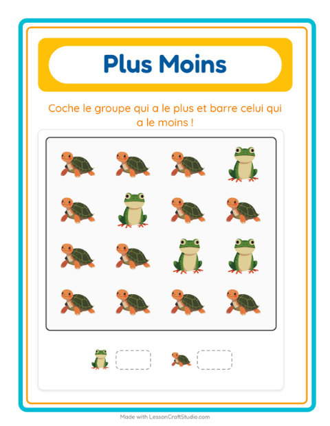 Aperçu de la fiche Plus Ou Moins avec Reptiles et amphibiens pour École maternelle (petite/moyenne section, 3-5 ans)