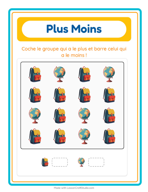 Aperçu de la fiche Plus Ou Moins avec Salle de classe pour École maternelle (petite/moyenne section, 3-5 ans)