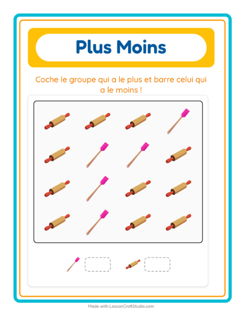 Aperçu de la fiche Plus Ou Moins avec Ustensiles de cuisine pour École maternelle (petite/moyenne section, 3-5 ans)